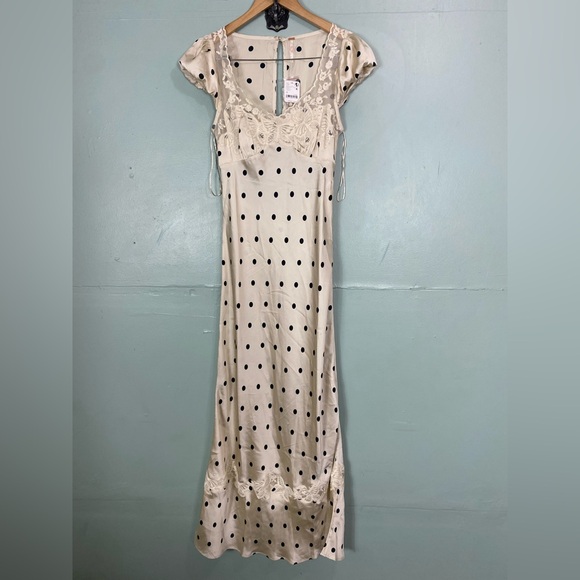 Free People Butterfly Babe Midi Dress Cream Black Polka Dot Medium Tea Combo - Picture 2 of 7